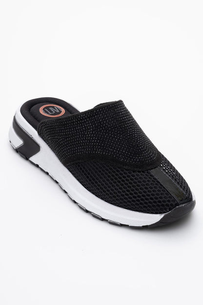 GLEA Black Mesh Rhinestone Mules (Women)