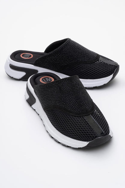 GLEA Black Mesh Rhinestone Mules (Women)