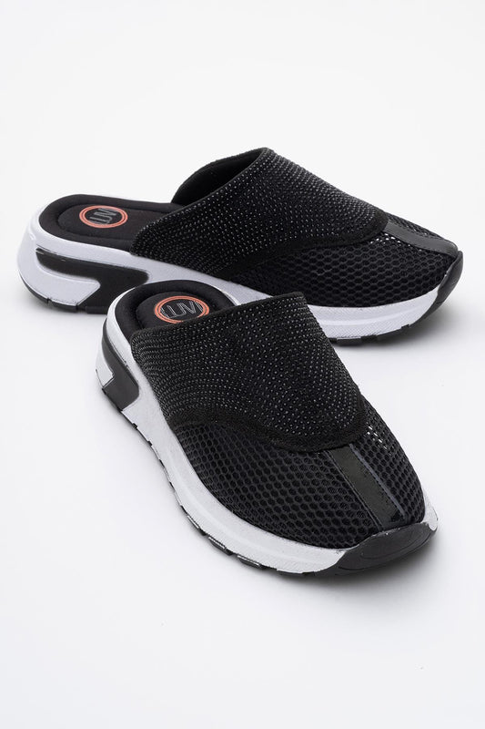 GLEA Black Mesh Rhinestone Mules (Women)