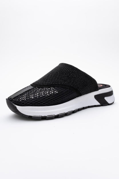 GLEA Black Mesh Rhinestone Mules (Women)