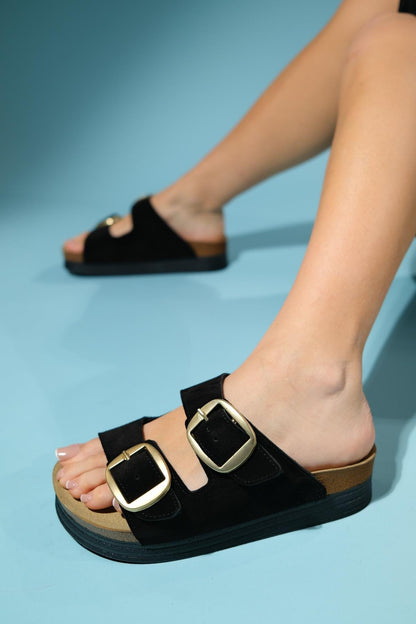Harbor - Black Suede Leather Two-Strap Sandal (Women)