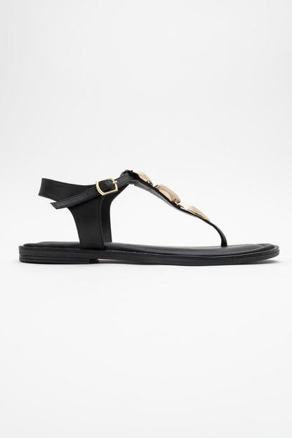 Giulia - Black Leather Flat Sandal (Women)