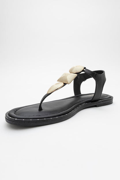 Giulia - Black Leather Flat Sandal (Women)