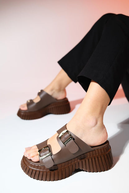 Joanes - Brown Leather Two-Strap Platform Sandal (Women)