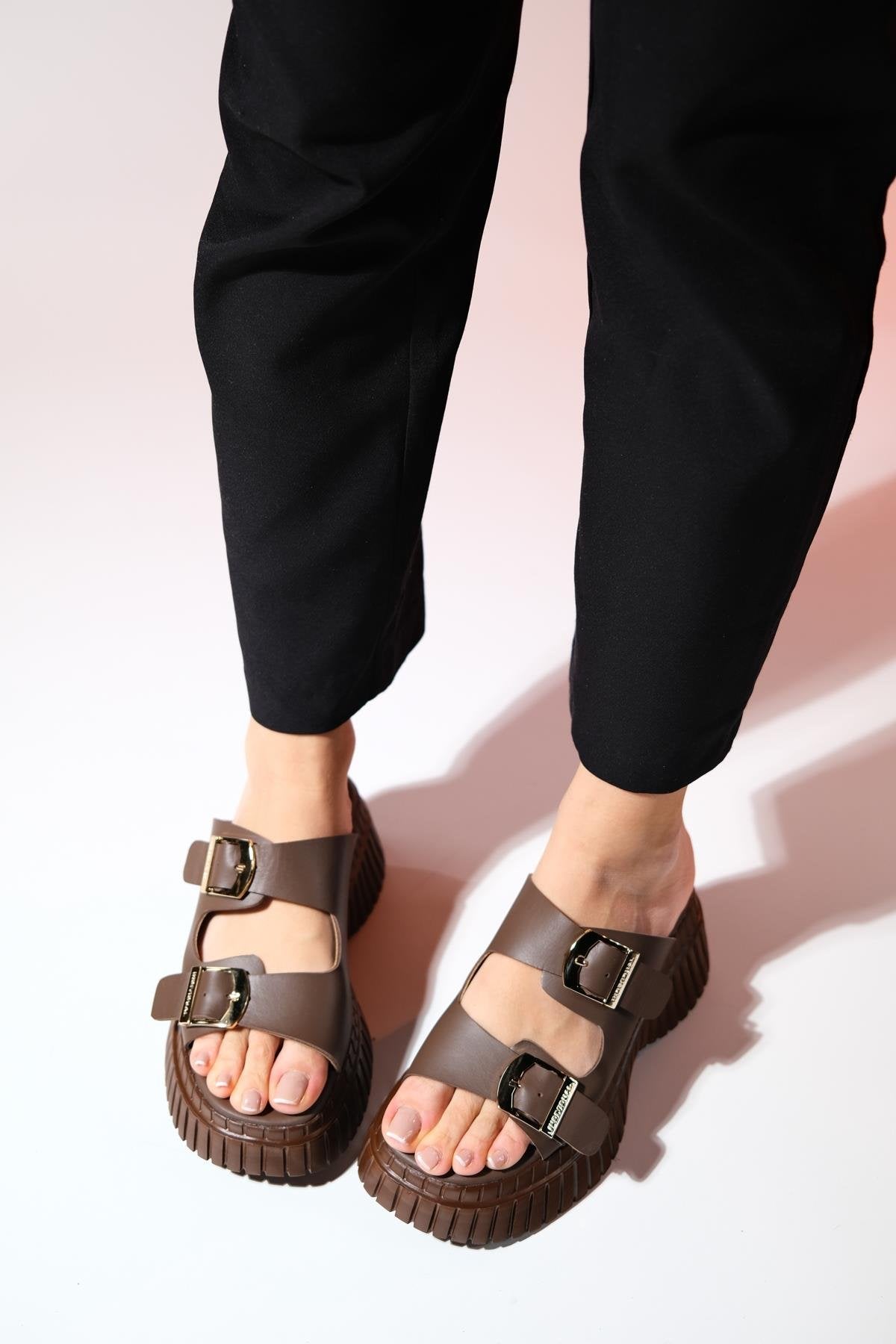 Joanes - Brown Leather Two-Strap Platform Sandal (Women)