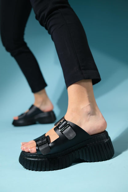Joanes - Black Leather Two-Strap Platform Sandal (Women)
