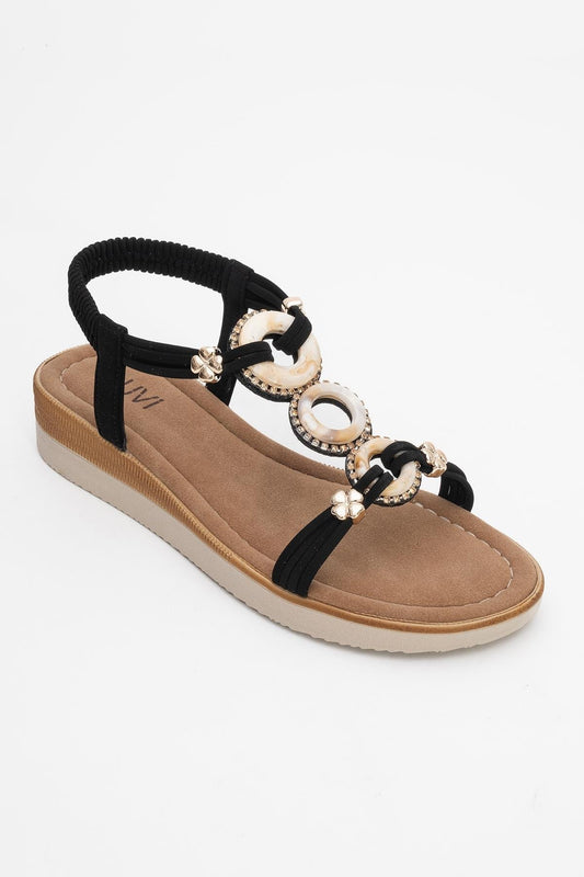 JUNES Black Buckle-Embellished Flat Sandal (Women)