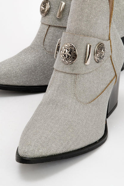 Kenda Silver Glitter Buckle Block Heel Boot (Women)