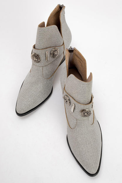 Kenda Silver Glitter Buckle Block Heel Boot (Women)