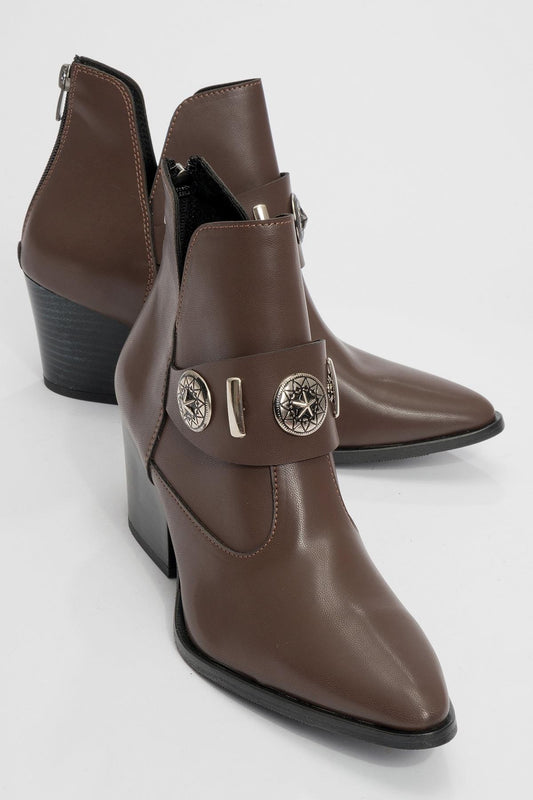 Kenda Brown Buckle Block Heel Boot (Women)