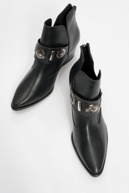 Kenda Black Buckle Block Heel Boot (Women)