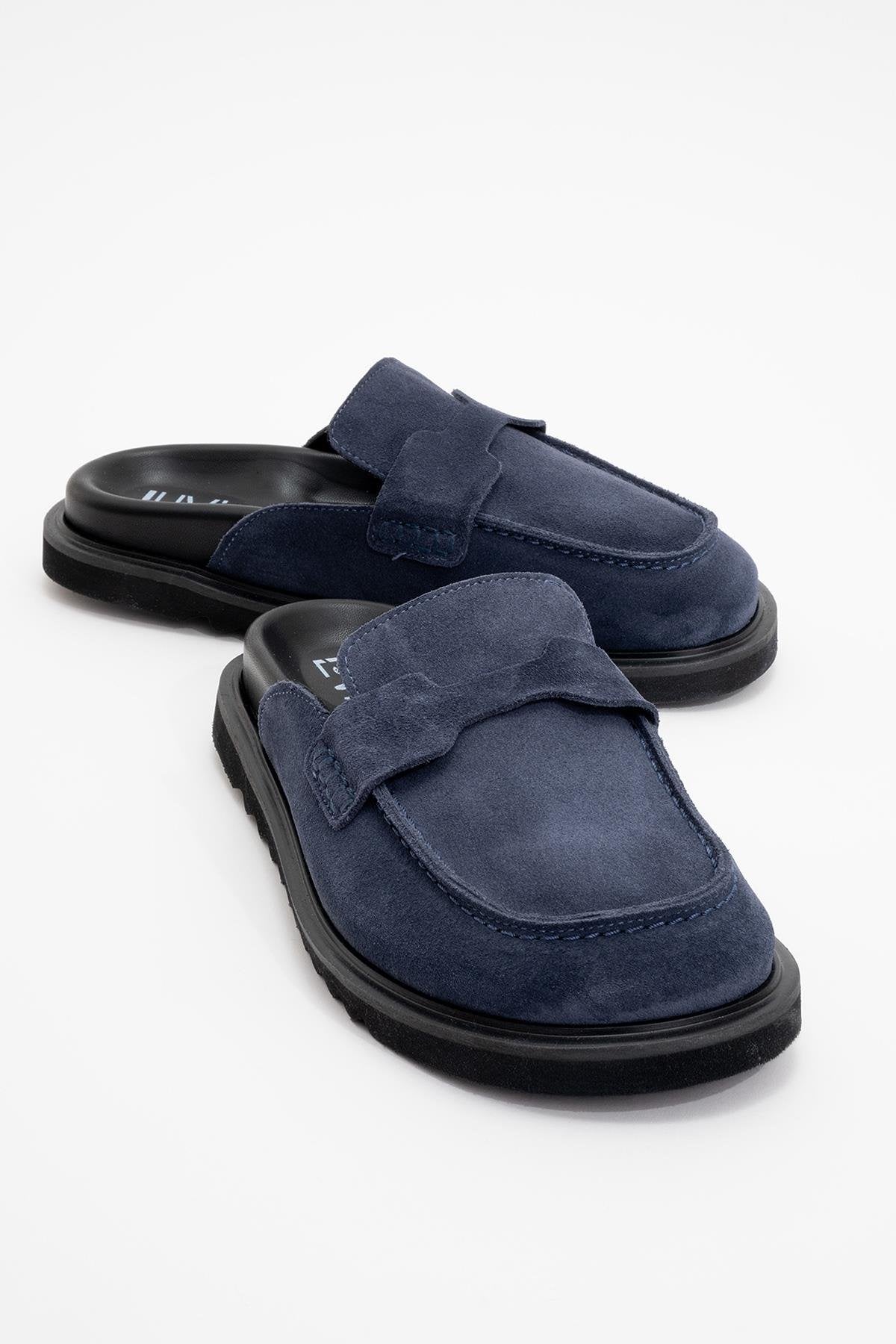 Laven - Navy Suede Leather Clogs (Women)