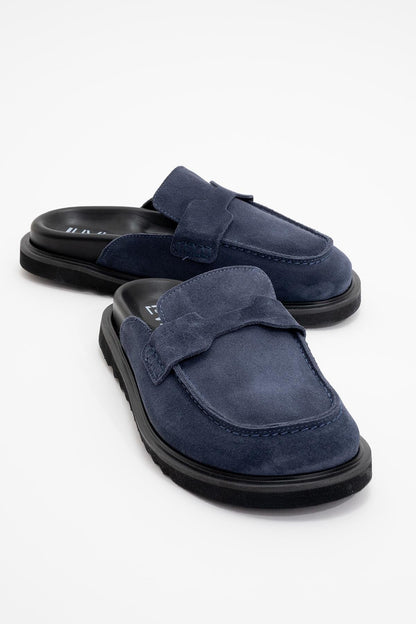 Laven - Navy Suede Leather Clogs (Women)
