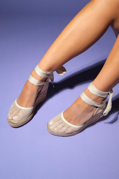 Lions - Beige Mesh Leather Wedge Espadrilles Sandal (Women)