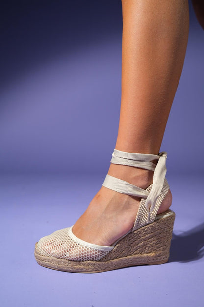 Lions - Beige Mesh Leather Wedge Espadrilles Sandal (Women)