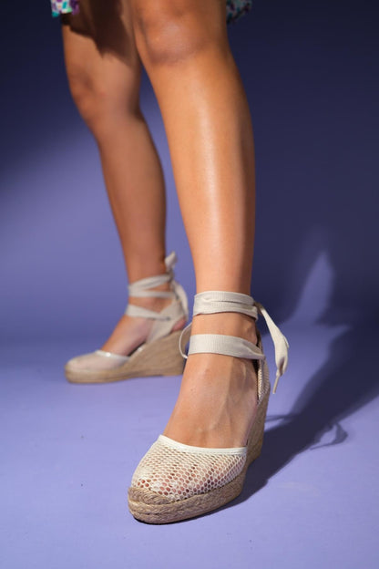 Lions - Beige Mesh Leather Wedge Espadrilles Sandal (Women)