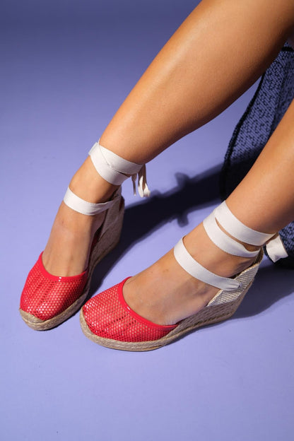 Lions - Red Mesh Leather Wedge Espadrilles Sandal (Women)