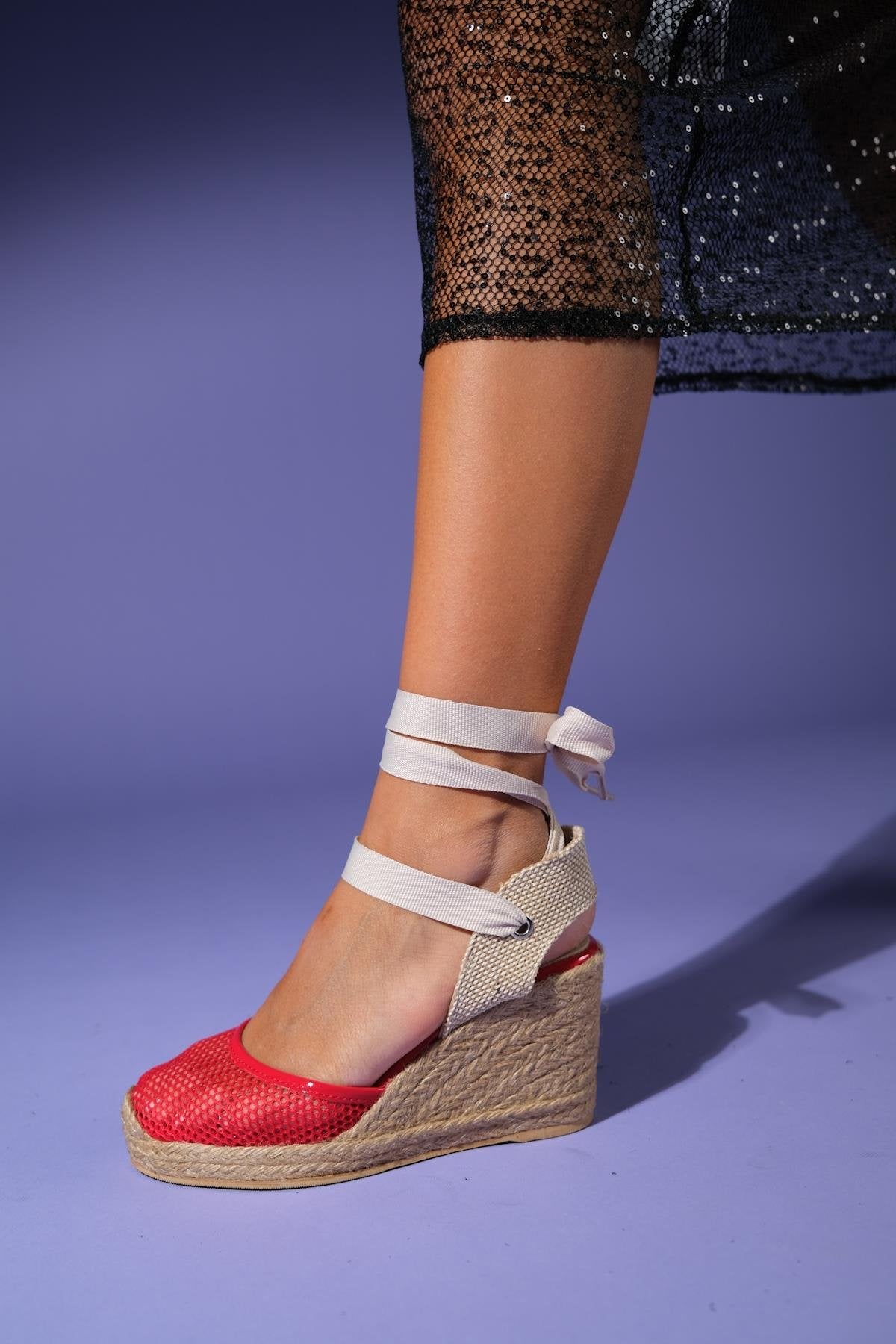 Lions - Red Mesh Leather Wedge Espadrilles Sandal (Women)