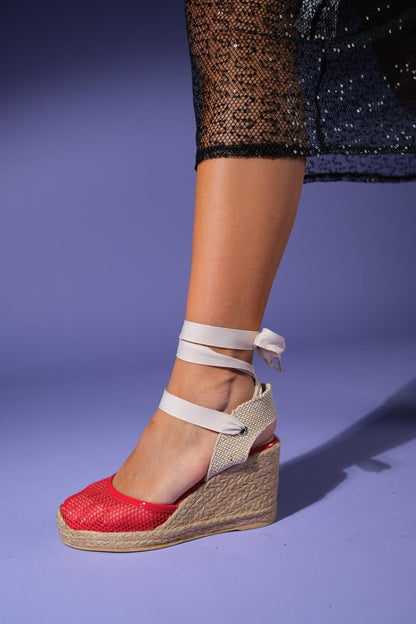 Lions - Red Mesh Leather Wedge Espadrilles Sandal (Women)