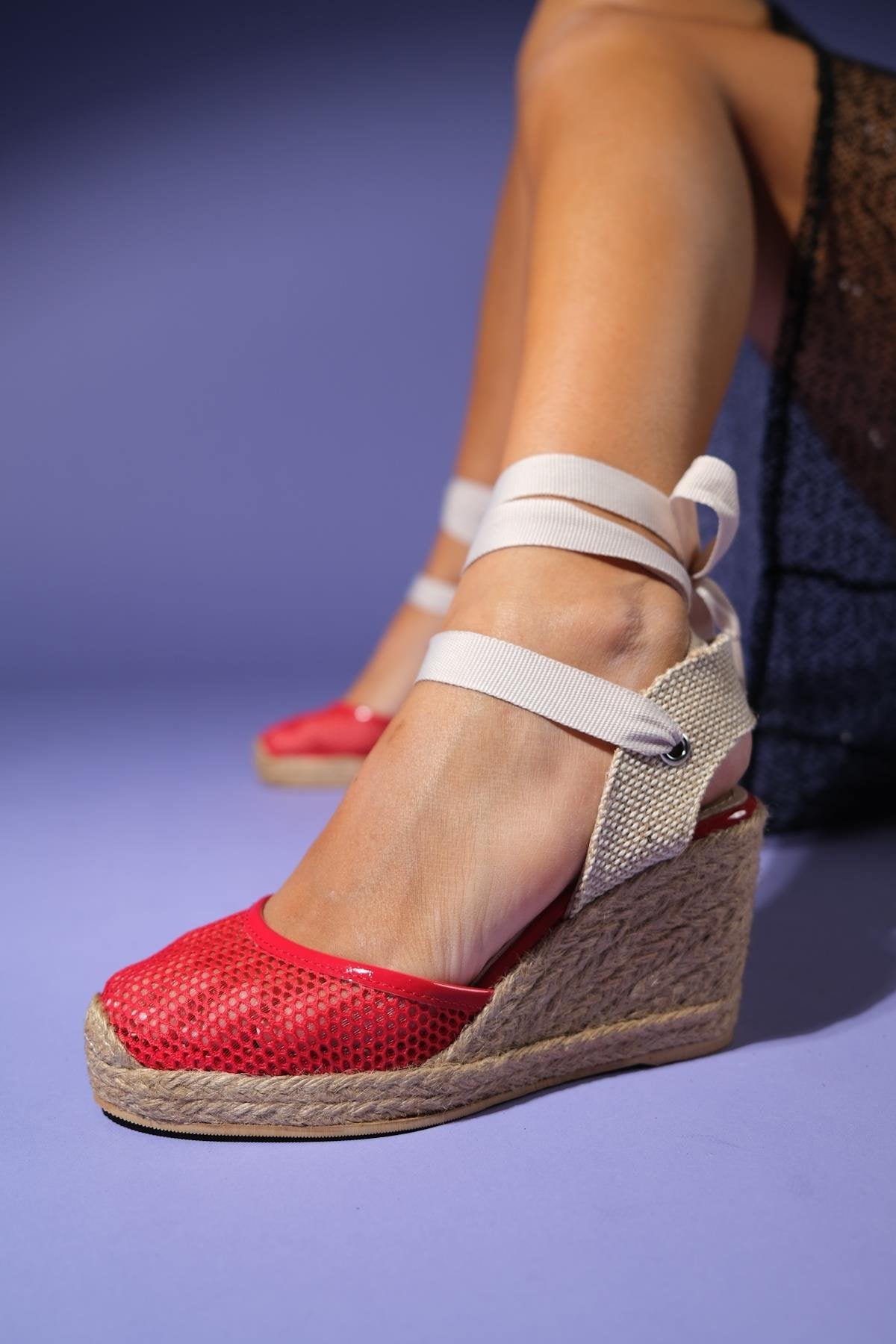 Lions - Red Mesh Leather Wedge Espadrilles Sandal (Women)