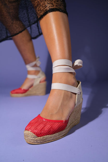 Lions - Red Mesh Leather Wedge Espadrilles Sandal (Women)