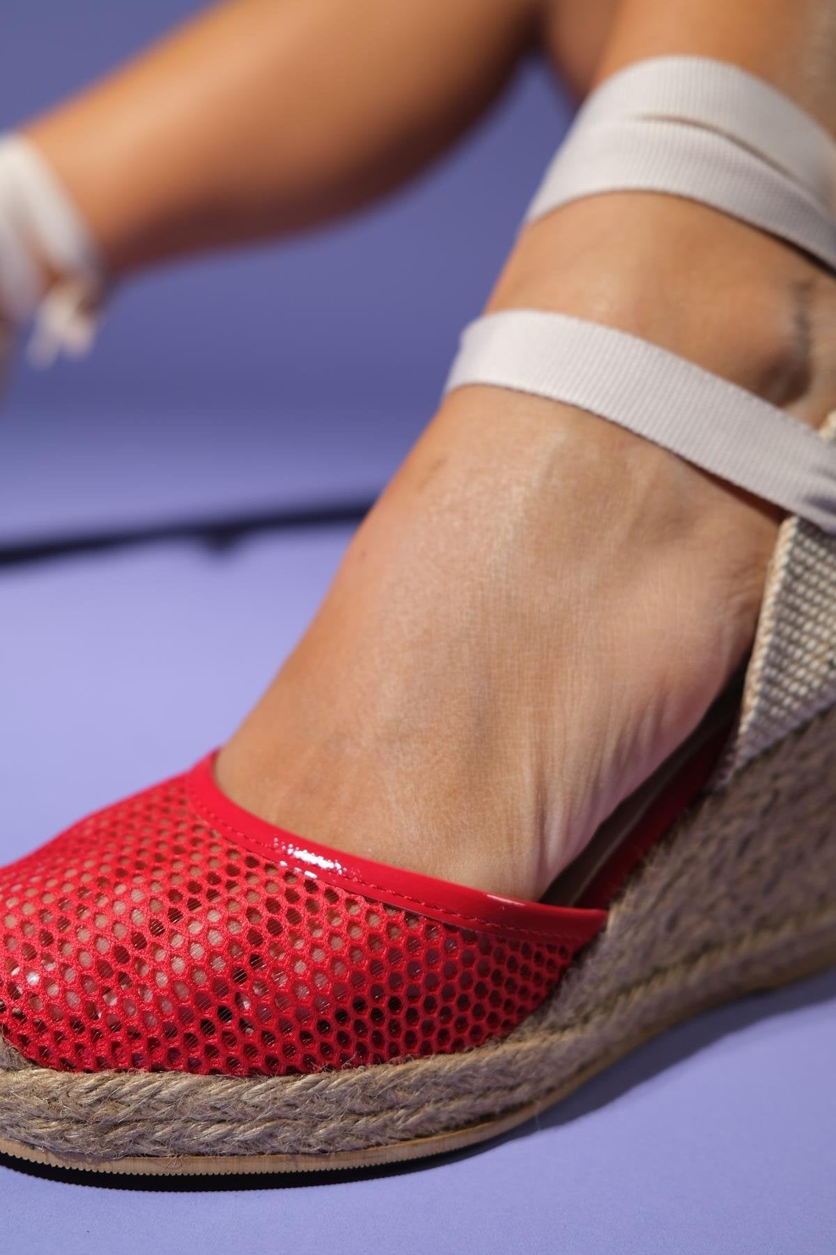 Lions - Red Mesh Leather Wedge Espadrilles Sandal (Women)