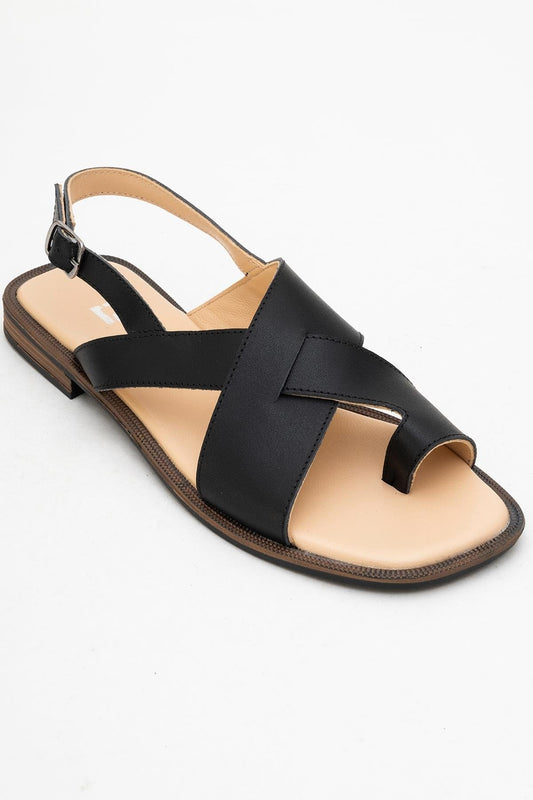 Louna - Black Leather Thong Sandals (Women)