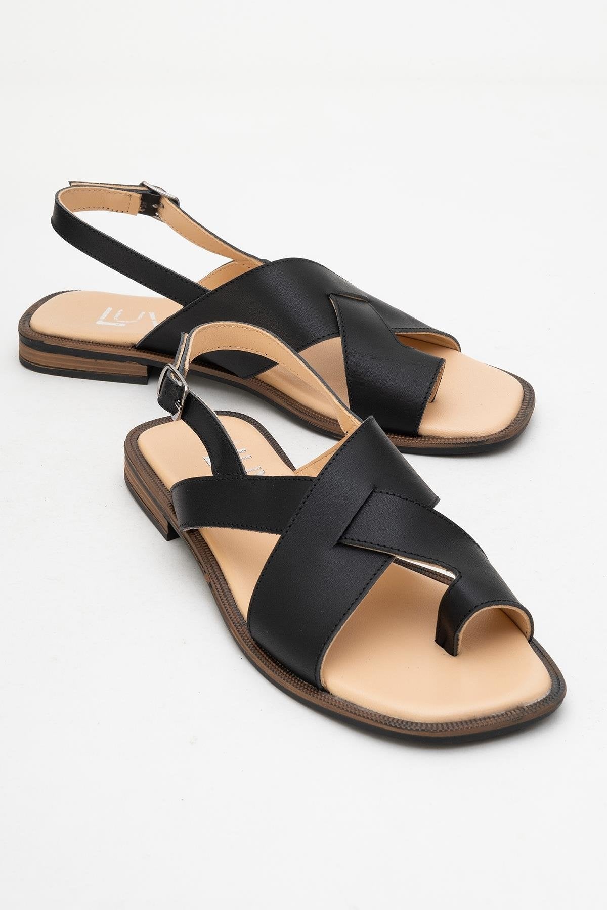 Louna - Black Leather Thong Sandals (Women)