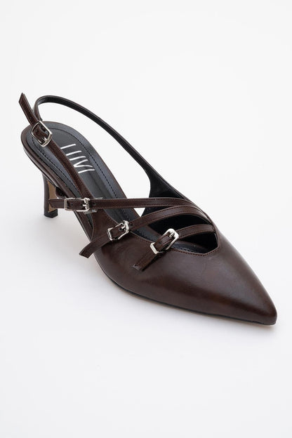 Magra Brown Cilt Pointed-Toe Slingback Stiletto (Women)