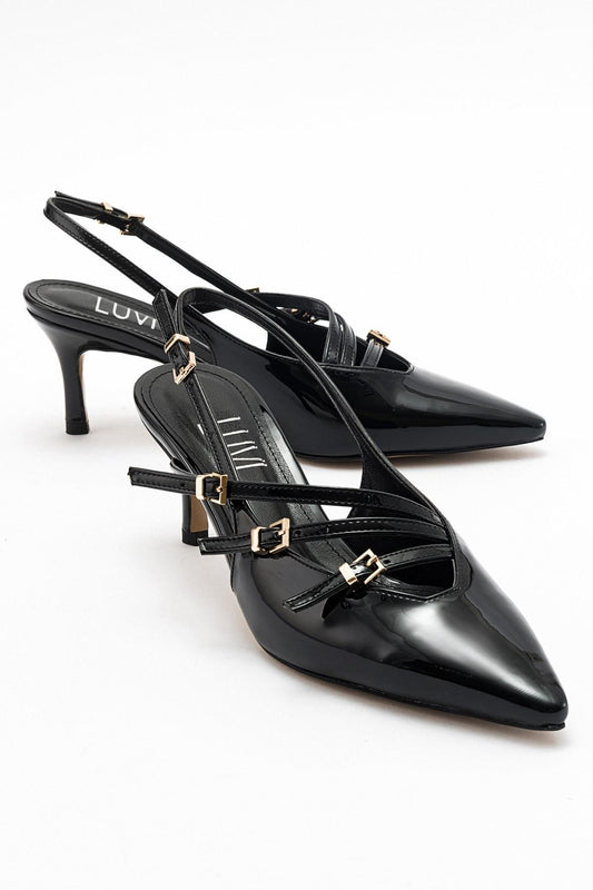 Magra Black Patent Pointed-Toe Slingback Stiletto (Women)