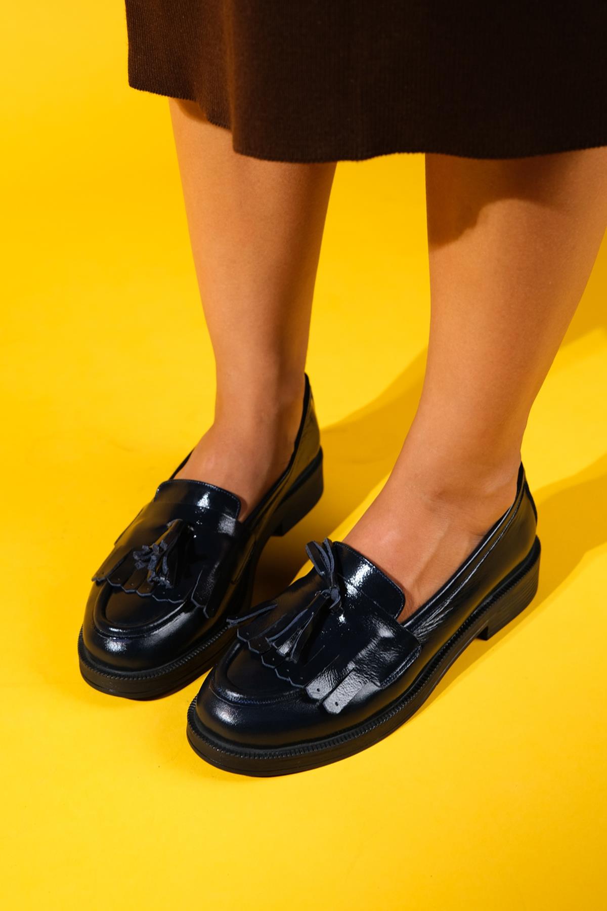 Milly - Navy Patent Leather Tassel Loafers