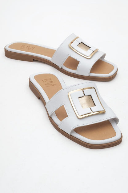 MILLIE White Leather Buckle Slide (Women)