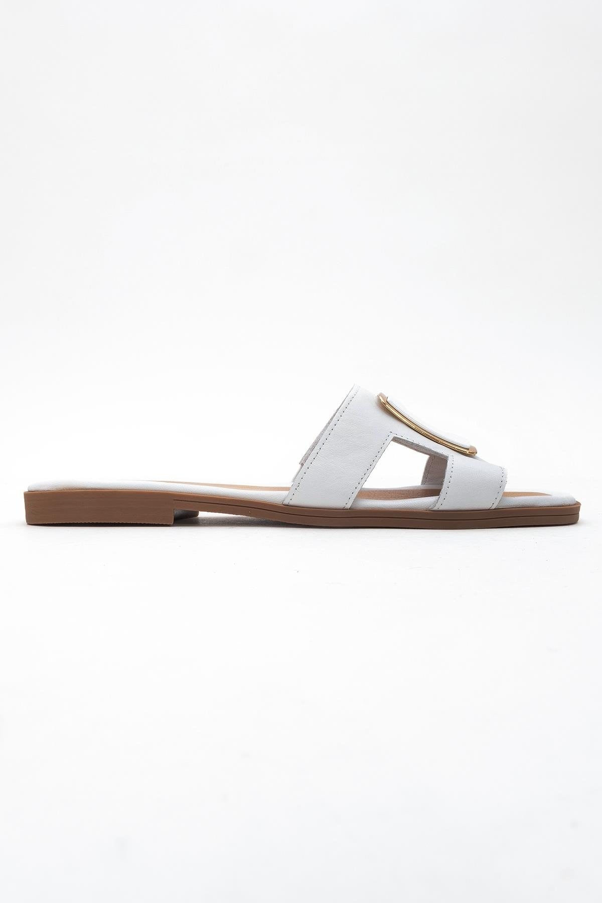 MILLIE White Leather Buckle Slide (Women)
