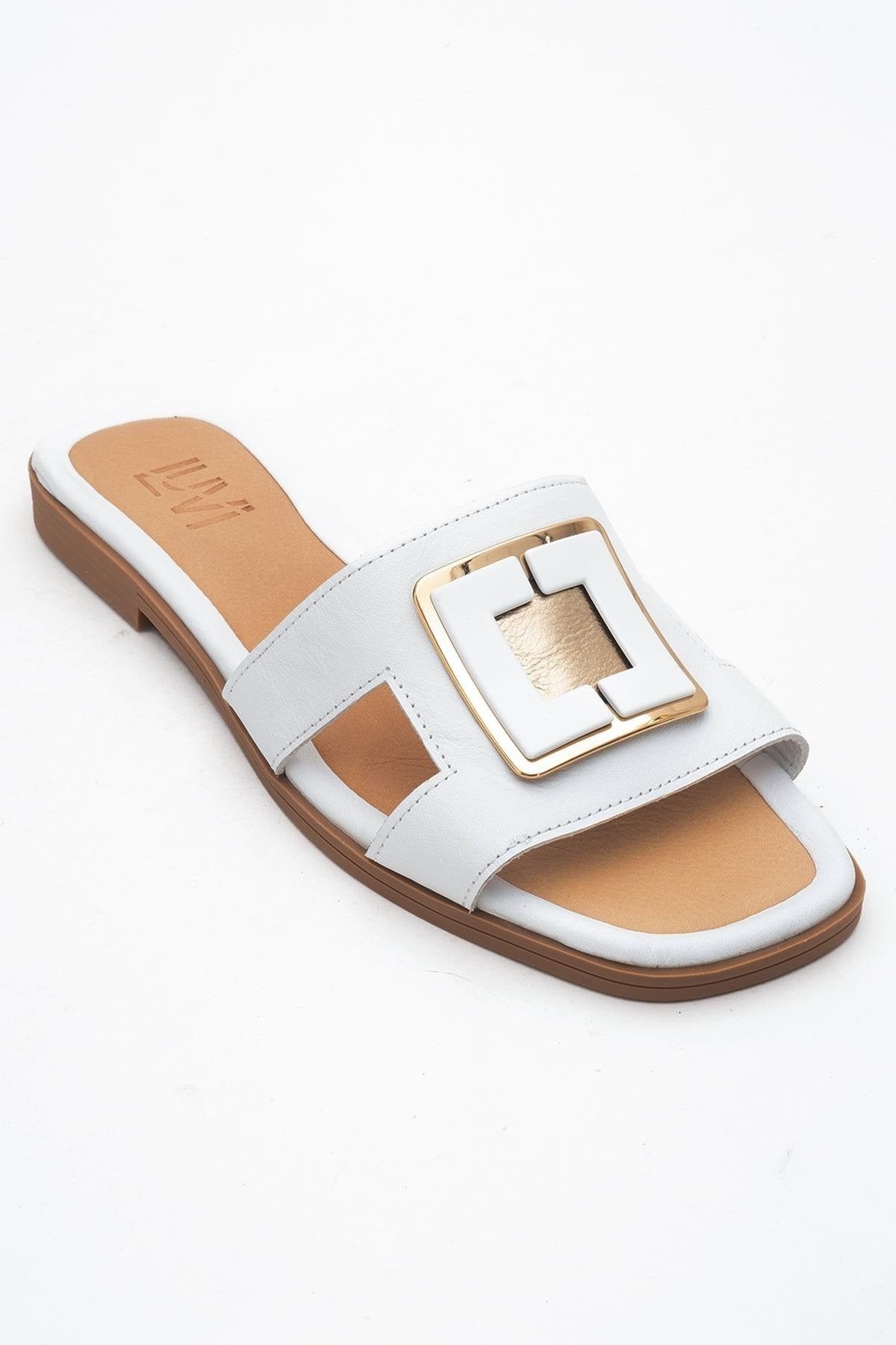 MILLIE White Leather Buckle Slide (Women)