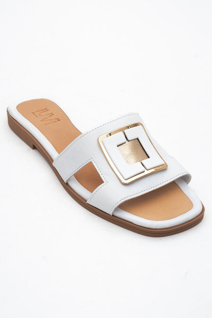 MILLIE White Leather Buckle Slide (Women)
