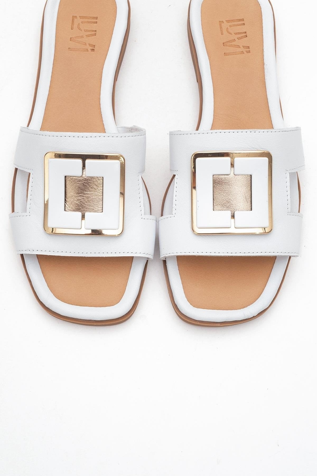 MILLIE White Leather Buckle Slide (Women)