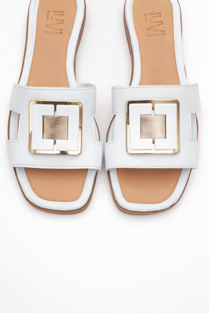 MILLIE White Leather Buckle Slide (Women)