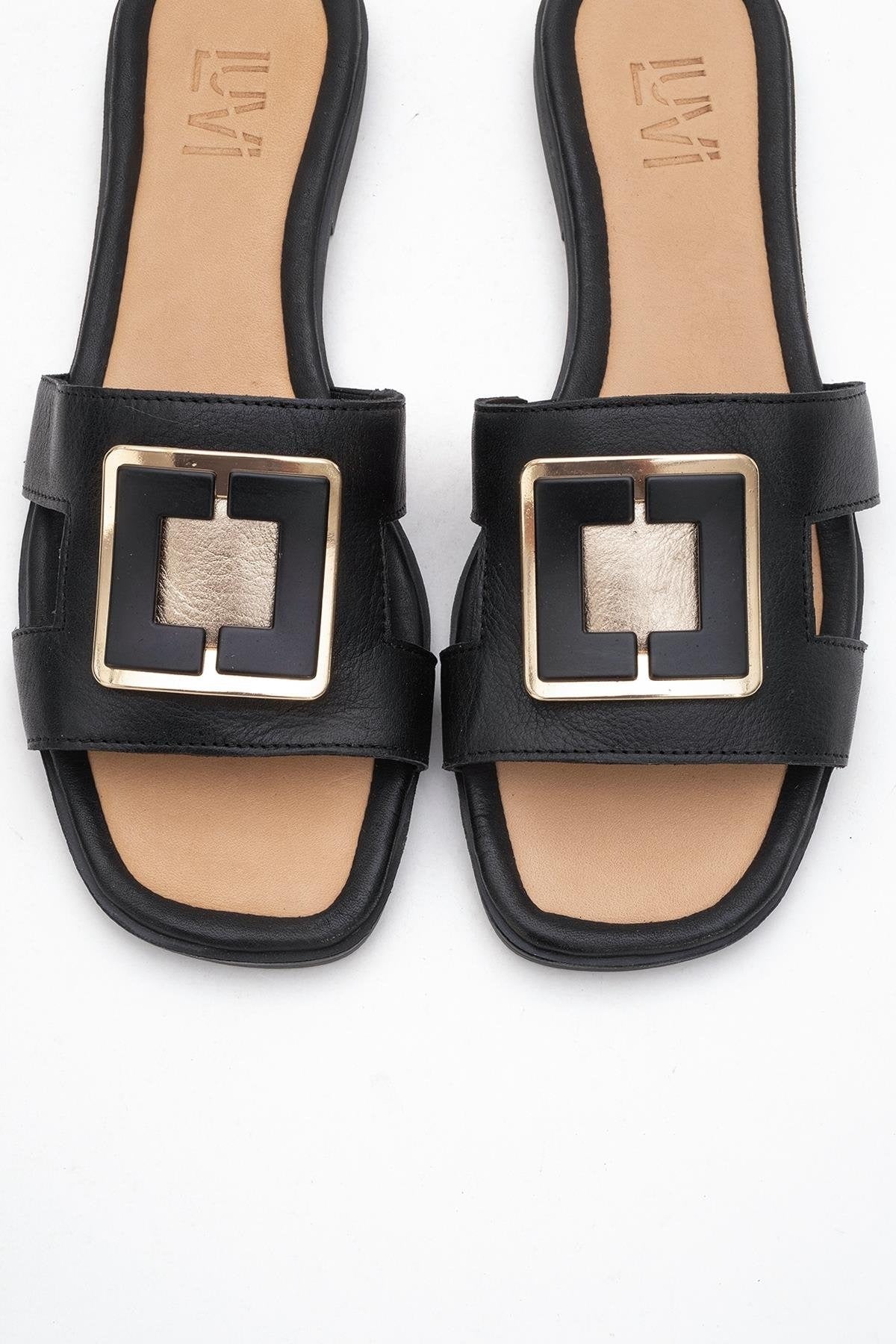 MILLIE Black Leather Buckle Slide (Women)