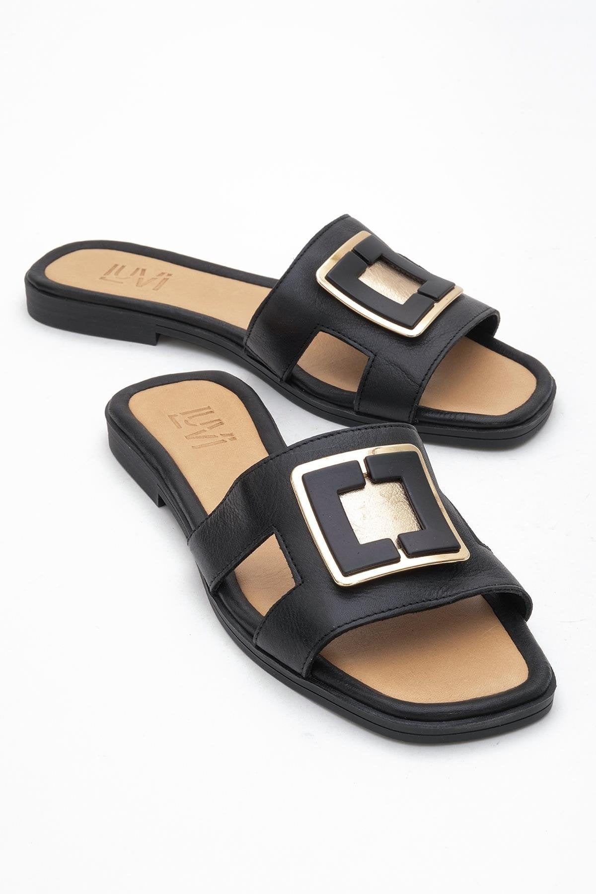 MILLIE Black Leather Buckle Slide (Women)