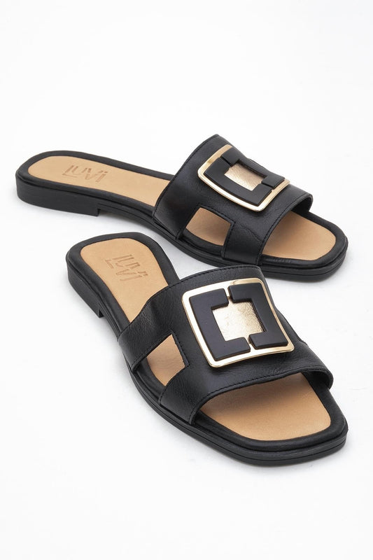 MILLIE Black Leather Buckle Slide (Women)