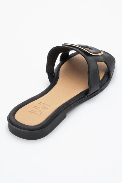 MILLIE Black Leather Buckle Slide (Women)