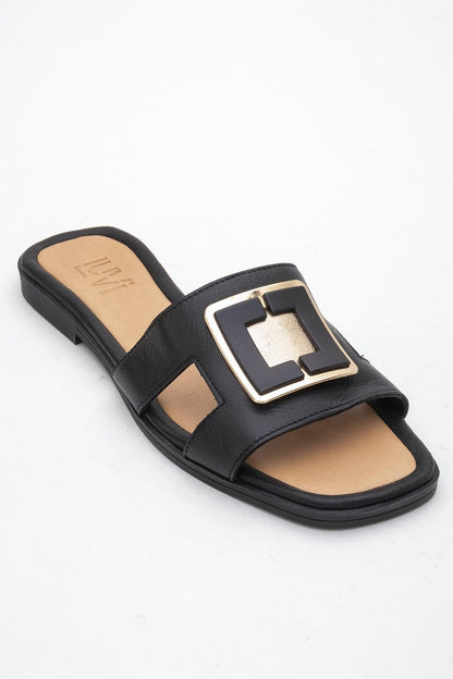 MILLIE Black Leather Buckle Slide (Women)