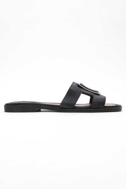 MILLIE Black Leather Buckle Slide (Women)