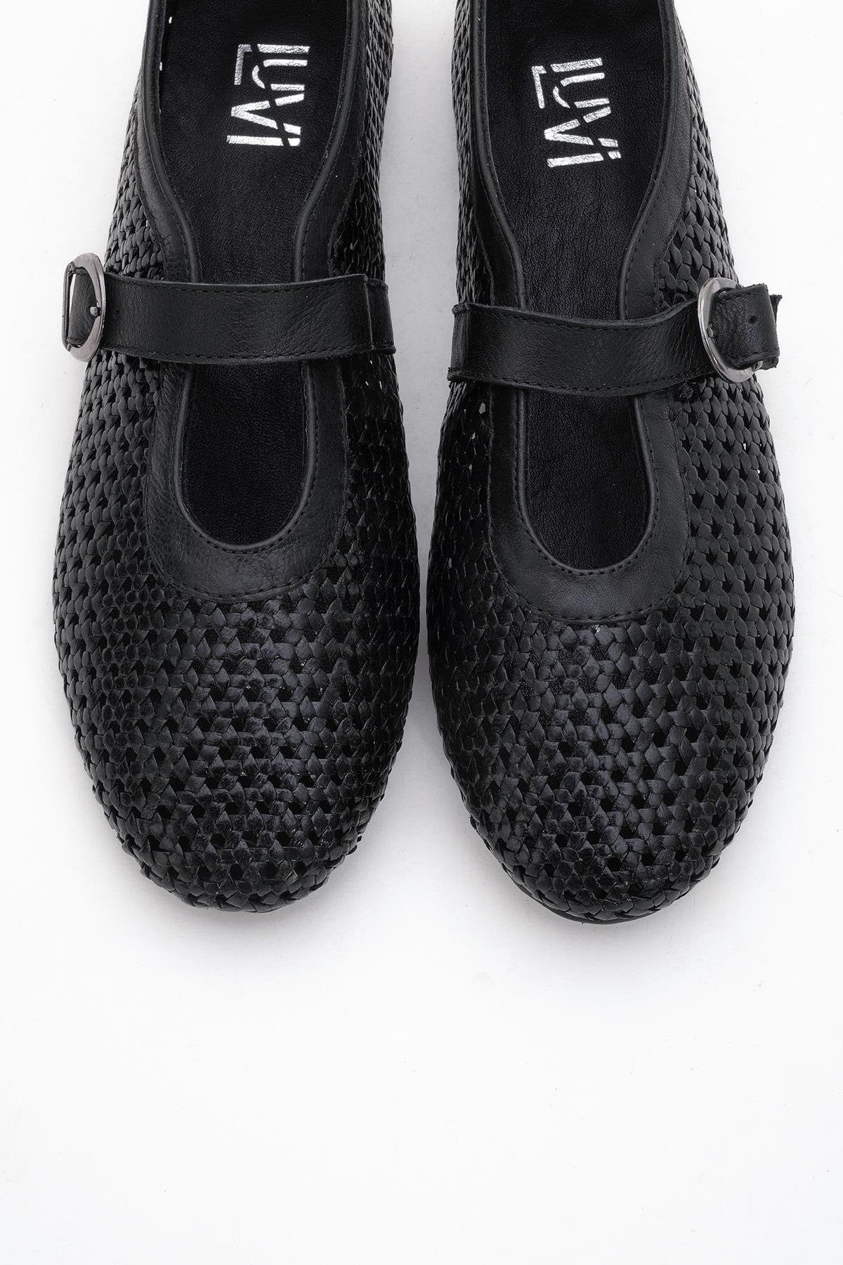 MIRELLA Black Braided Leather Ballet Flats (Women)