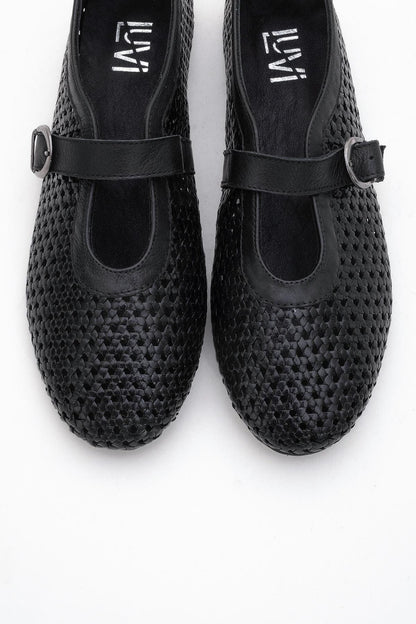 MIRELLA Black Braided Leather Ballet Flats (Women)