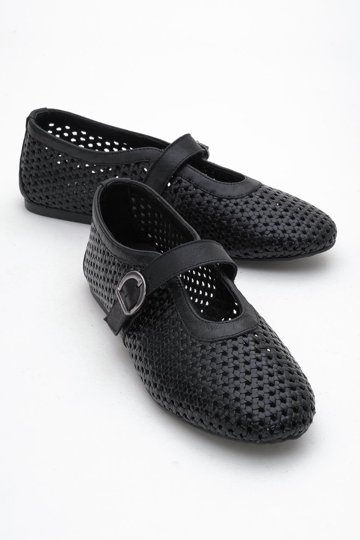 MIRELLA Black Braided Leather Ballet Flats (Women)