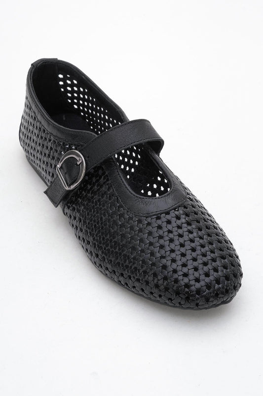 MIRELLA Black Braided Leather Ballet Flats (Women)