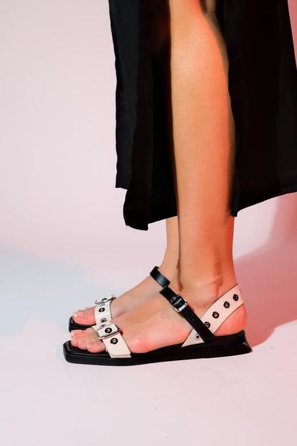 Mozes - Beige Black Leather Sandal (Women)