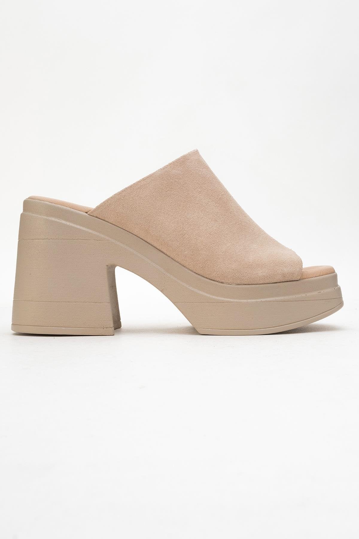 Nola - Beige Suede Leather Heeled Mules