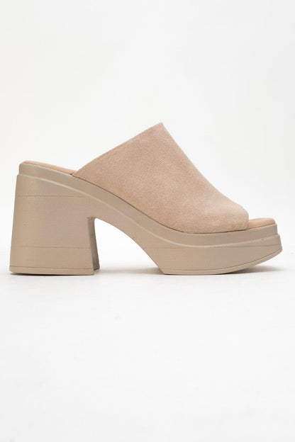 Nola - Beige Suede Leather Heeled Mules